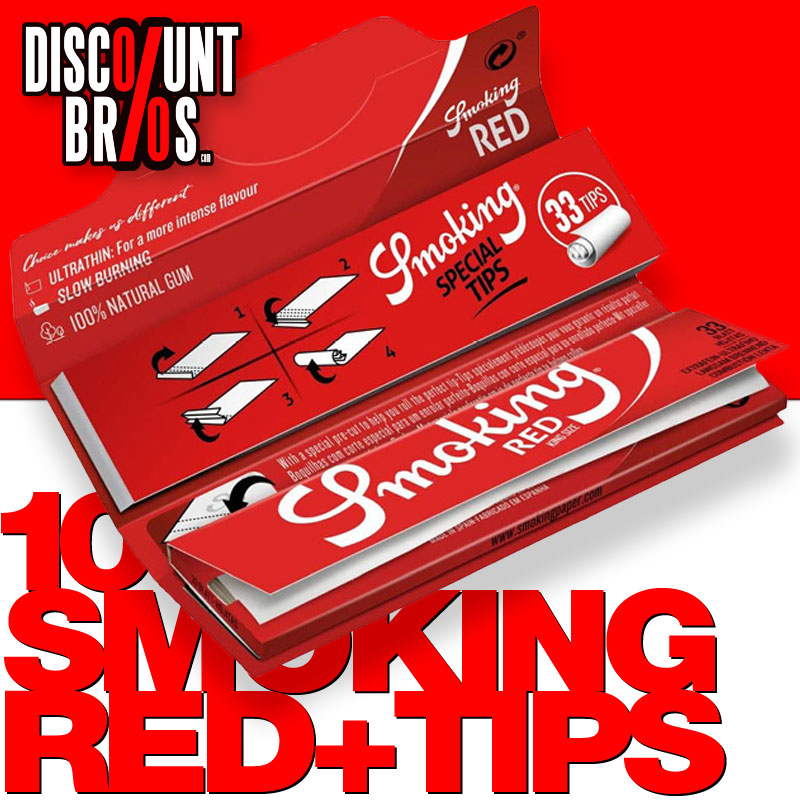 10 × SMOKING RED King Size Papers 33 Blatt Zigarettenpapier + Filter Tips 108×53mm