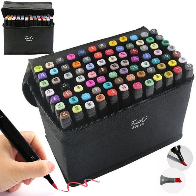 80 Touch PERMANENT-MARKER SET 80-teilig wasserfeste Doppelspitz Filzstifte mit Tragetasche
