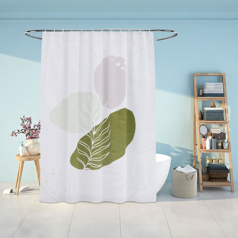 Textil DUSCHVORHANG Polyesterstoff mit Blätter in Naturtönen + 12 Ringe 180×200cm