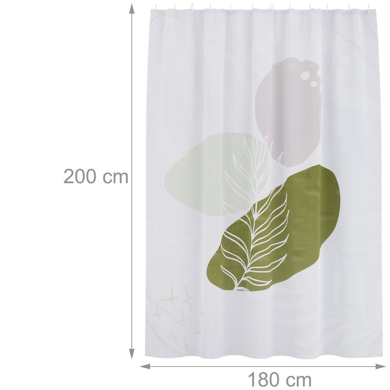 Textil DUSCHVORHANG Polyesterstoff mit Blätter in Naturtönen + 12 Ringe 180×200cm