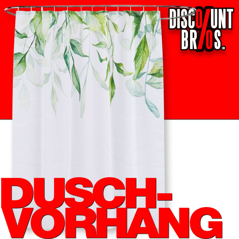 Textil DUSCHVORHANG Polyesterstoff mit Blätter Motiv in Grün und Weiss + 12 Ringe 180×200cm