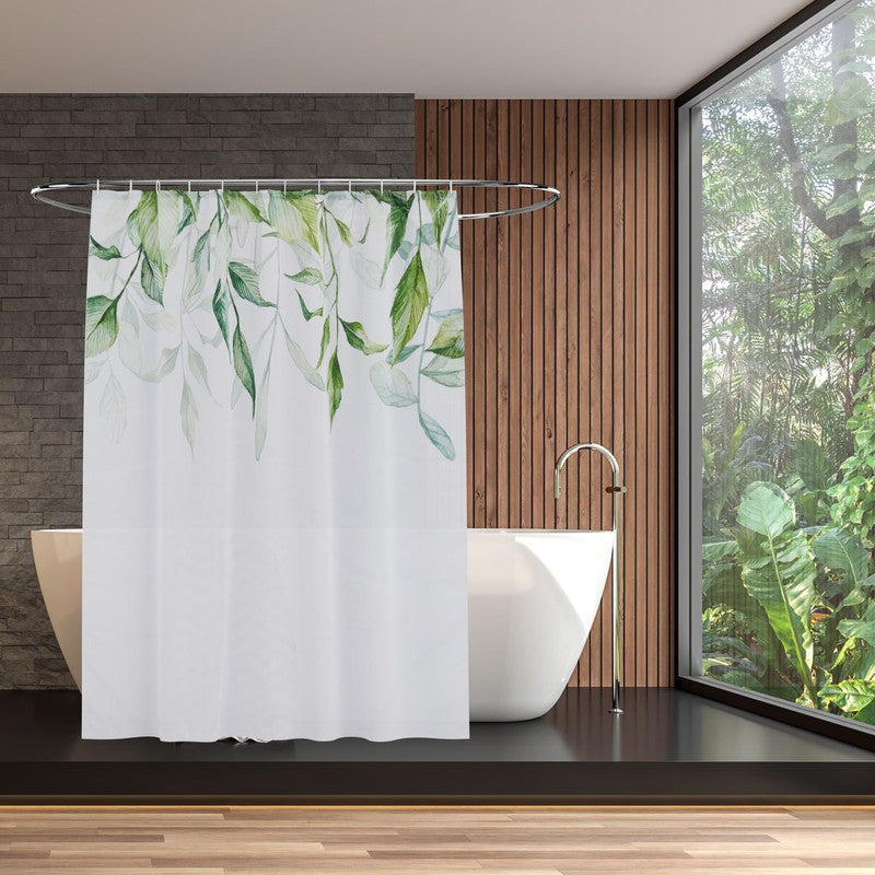 Textil DUSCHVORHANG Polyesterstoff mit Blätter Motiv in Grün und Weiss + 12 Ringe 180×200cm