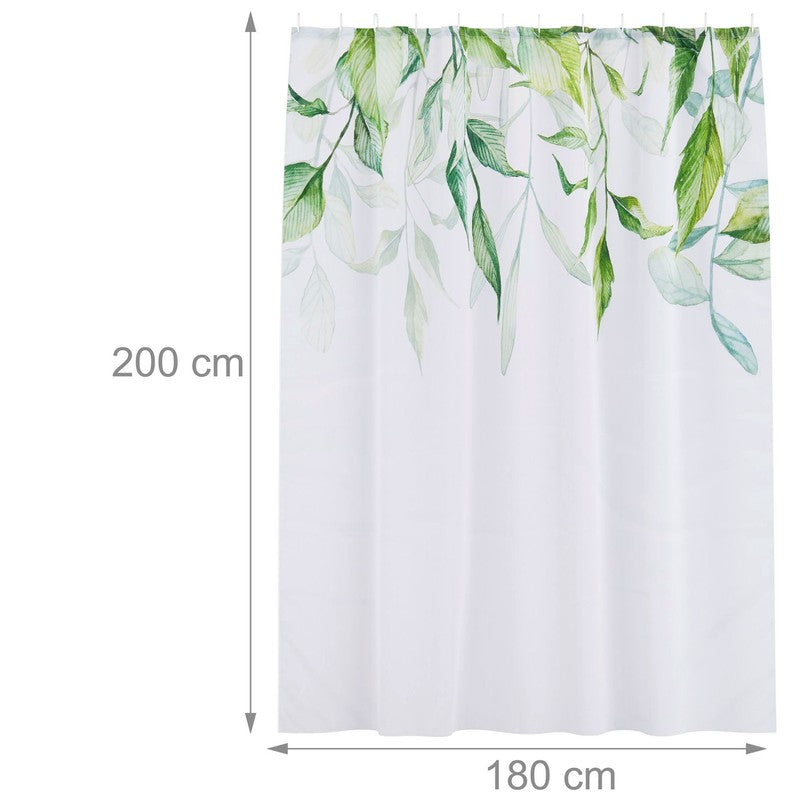 Textil DUSCHVORHANG Polyesterstoff mit Blätter Motiv in Grün und Weiss + 12 Ringe 180×200cm
