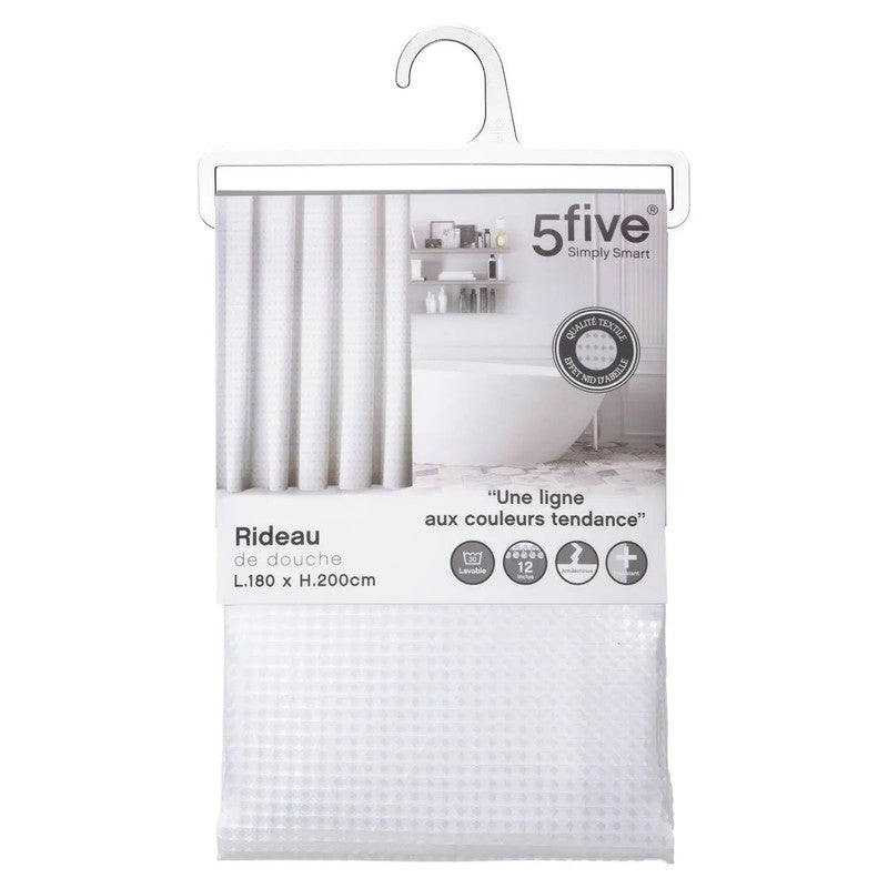 5five Textil DUSCHVORHANG Polyesterstoff mit Waffelstruktur MODERN + 12 Ringe 180×200cm WEISS