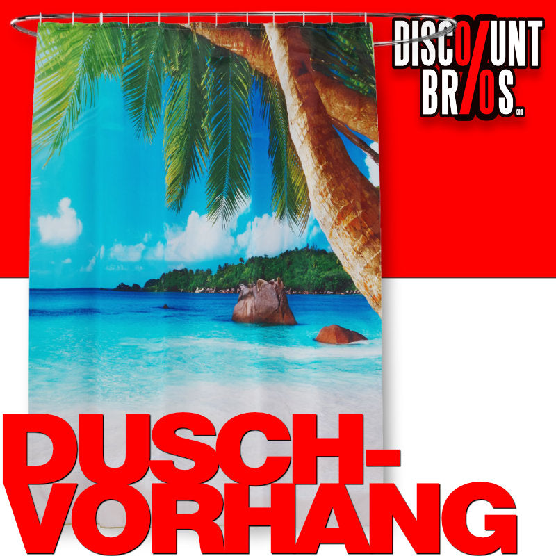 Textil DUSCHVORHANG Polyesterstoff mit Tropical Beach Motiv + 12 Ringe 180×200cm