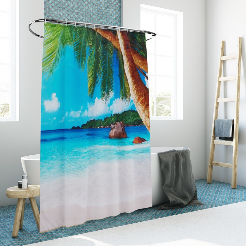 Textil DUSCHVORHANG Polyesterstoff mit Tropical Beach Motiv + 12 Ringe 180×200cm