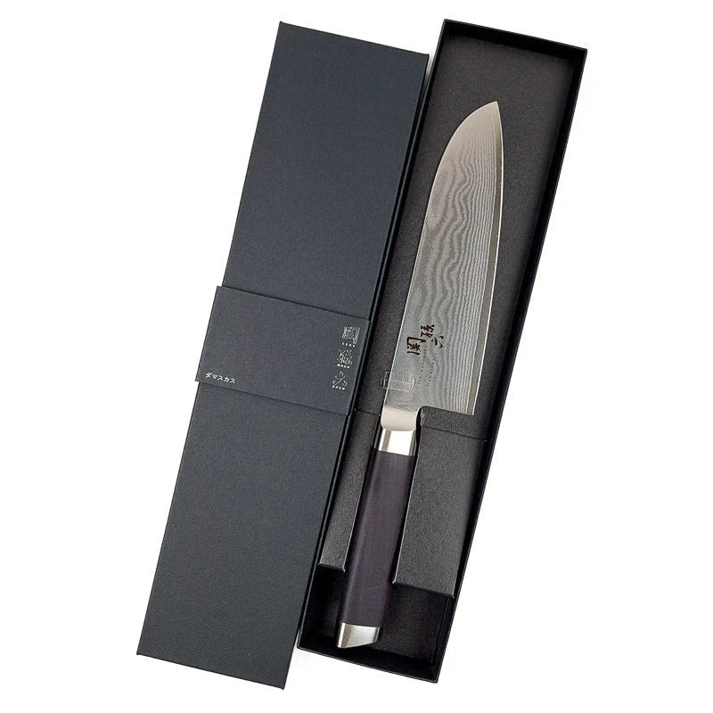 KAI SEKISOROKU Santoku Messer mit Damaststahl-Klinge (145 mm) und Holzgriff SCHWARZBRAUN