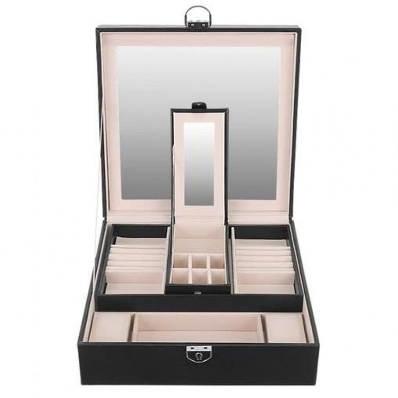 Schmuckkasten SCHMUCK-KOFFER Schmuckschatulle mit grossem Spiegel SCHWARZ