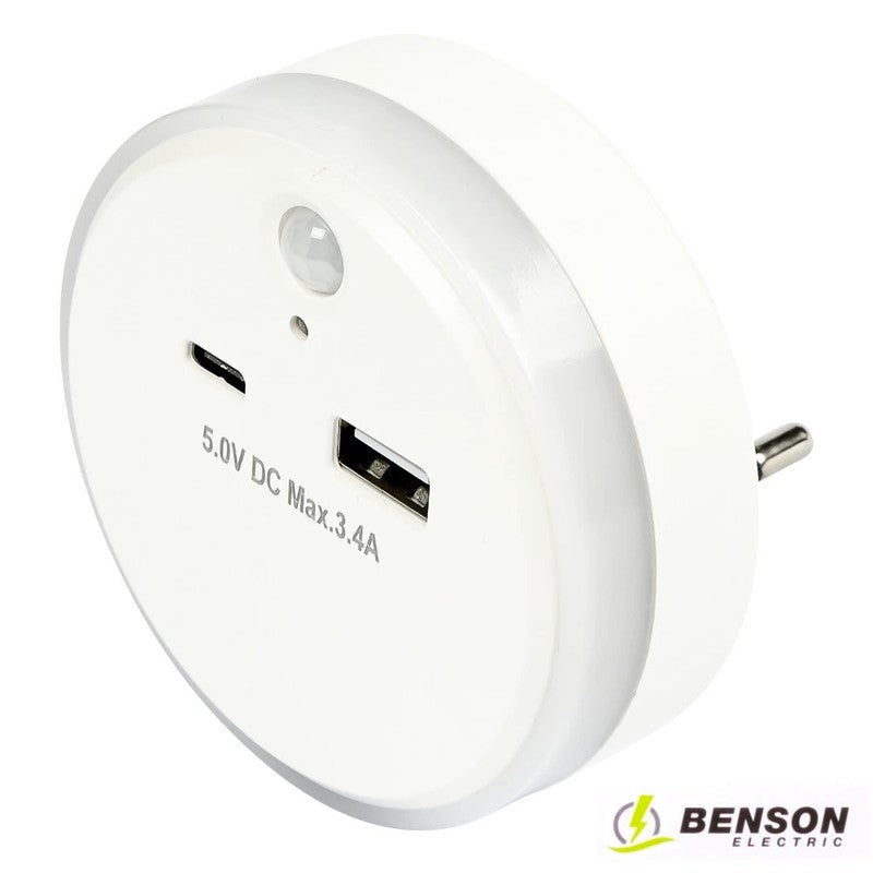Benson Electric LED NACHTLICHT + LADEADAPTER USB A und USB C mit Sensor