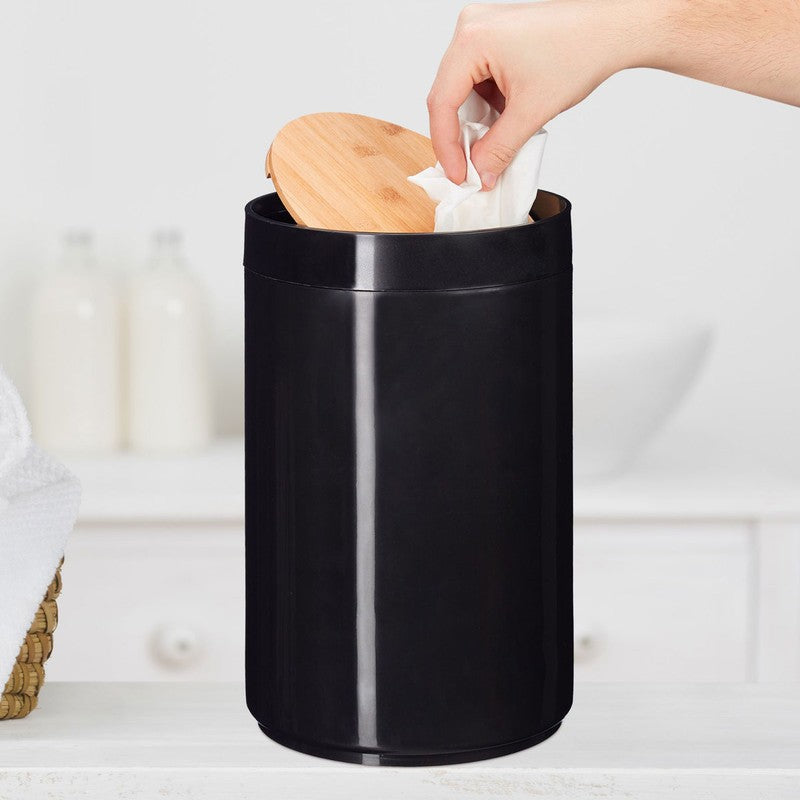 Kosmetikeimer MÜLLEIMER Kücheneimer Abfalleimer mit Bambus-Schwingdeckel 5,5 Liter SCHWARZ