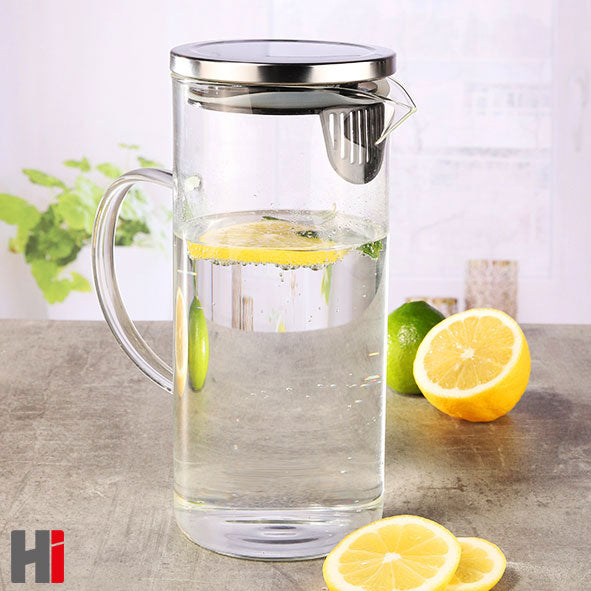 1,3 Liter KÜHLSCHRANK KRUG mit DECKEL Glaskaraffe Glas + Edelstahl