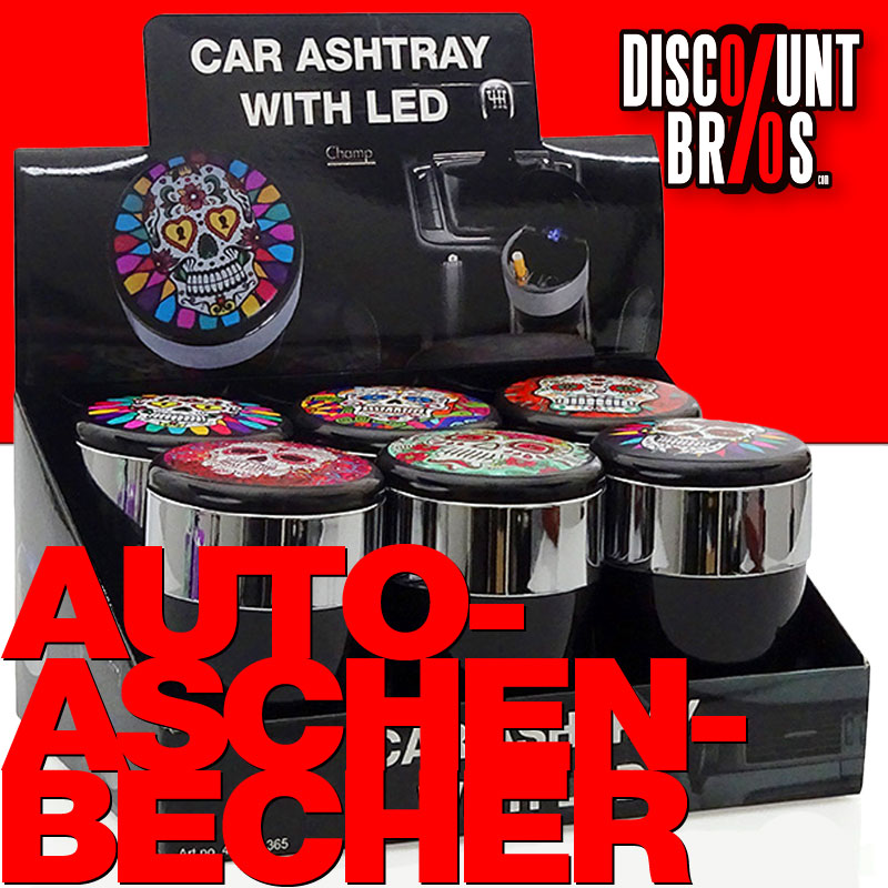 6 Stk. Champ SKULL AUTO-ASCHENBECHER Aschenbecher für Getränkehalter mit Deckel und LED Licht im Totenkopf Design TRAY