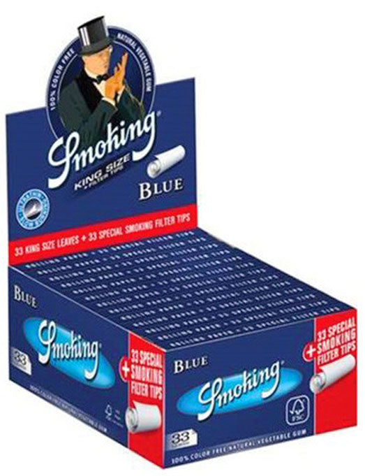 SMOKING BLUE King Size Papers Blau 33 Blatt Zigarettenpapier + Filter Tips 108×52mm
