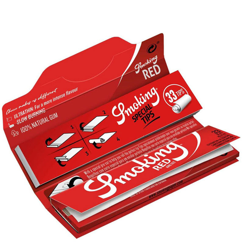10 × SMOKING RED King Size Papers 33 Blatt Zigarettenpapier + Filter Tips 108×53mm