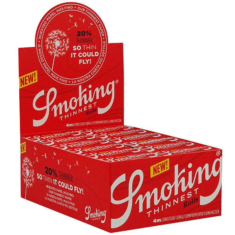 24 × SMOKING RED THINNEST Rolls Slim Papers Zigarettenpapier 4m×44mm