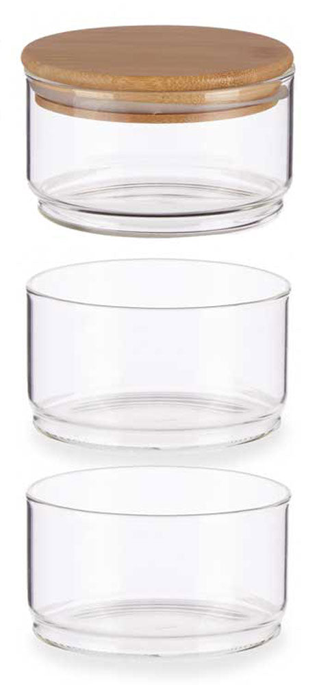 Stapelbares 3er-Set VORRATSGLAS mit BAMBUSDECKEL Vorratsbehälter Aufbewahrungsglas Glas Borosilikatglas 3x400ml 1200ml