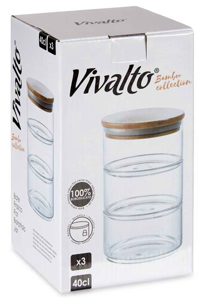 Stapelbares 3er-Set VORRATSGLAS mit BAMBUSDECKEL Vorratsbehälter Aufbewahrungsglas Glas Borosilikatglas 3x400ml 1200ml
