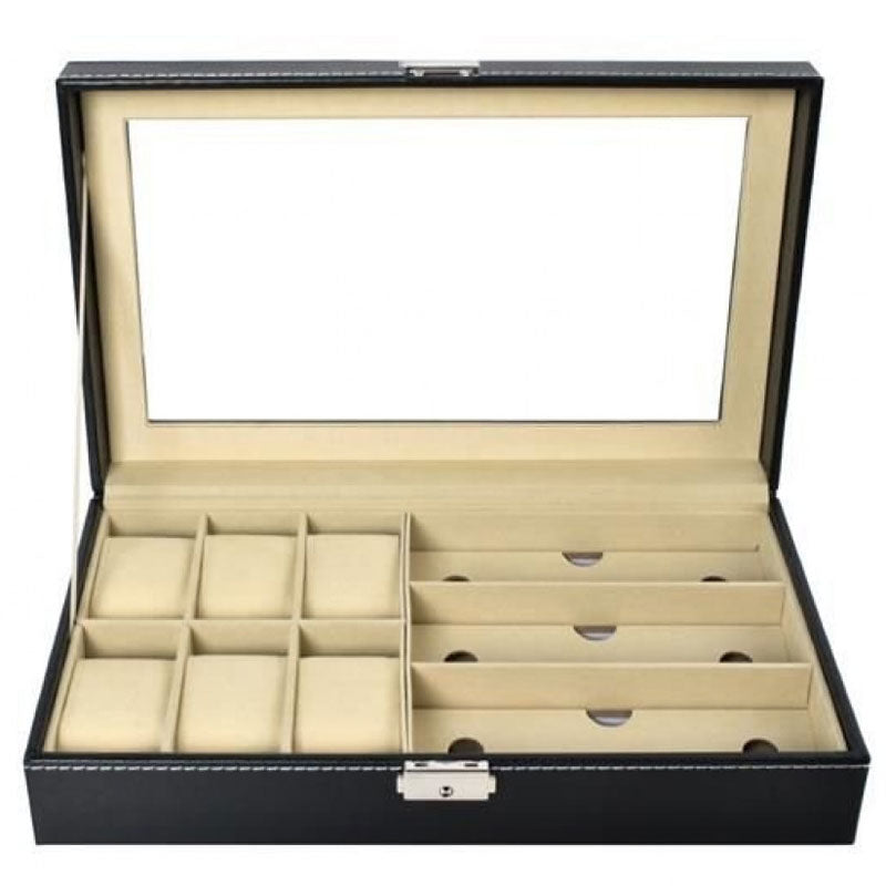 Edle BRILLEN UND UHRENBOX Brillenbox Uhrenkoffer Schaukasten für 6 Uhren + 3 Brillen