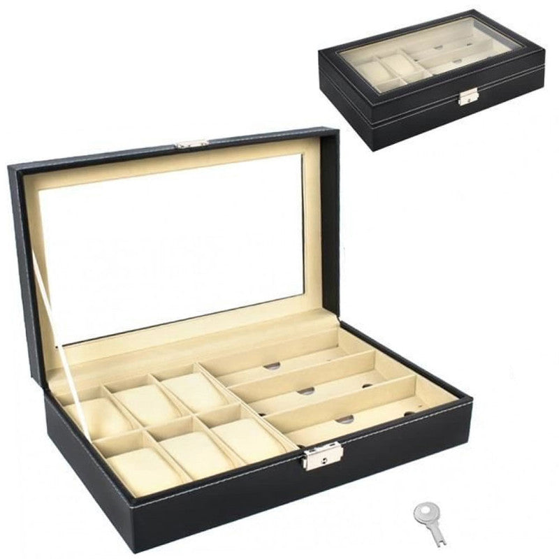 Edle BRILLEN UND UHRENBOX Brillenbox Uhrenkoffer Schaukasten für 6 Uhren + 3 Brillen