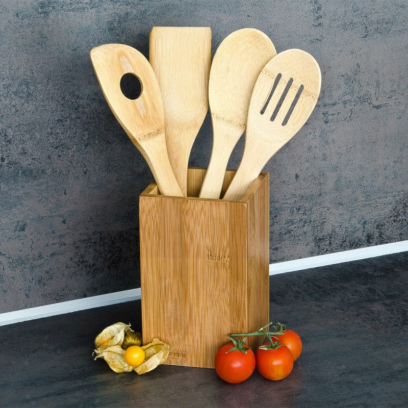 Küchenhelfer KOCHLÖFFEL mit Halter aus Bambus Holz 5er Set