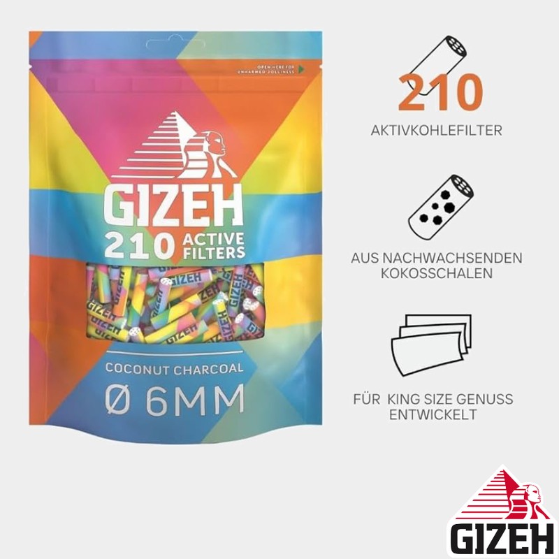 210 Stk. GIZEH RAINBOW Active Zigarettenfilter Filter Aktivkohlefilter mit Kokoskohle 6mm EXTRA-SLIM