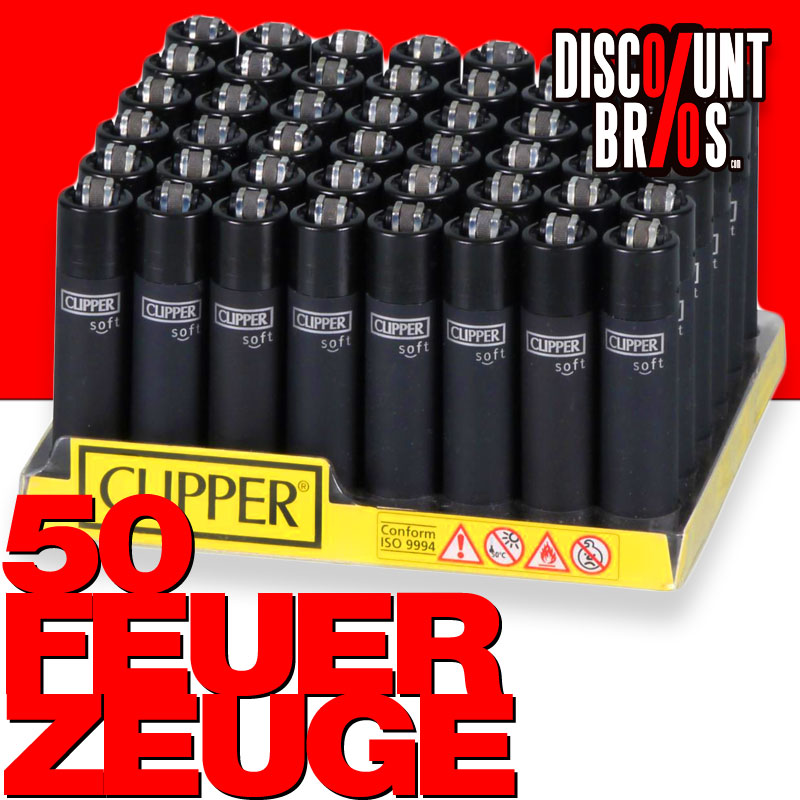 48 Stk. Clipper® FEUERZEUGE Mehrwegfeuerzeug CP11 TOUCH & BLACK CAP Tray