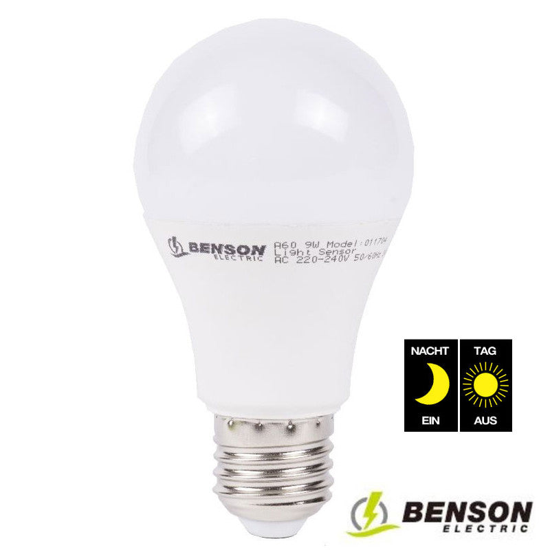 LED LAMPE Glühbirne 9 Watt WARMWEISS mit integriertem Tag-/Nachtsensor Leuchtmittel E27