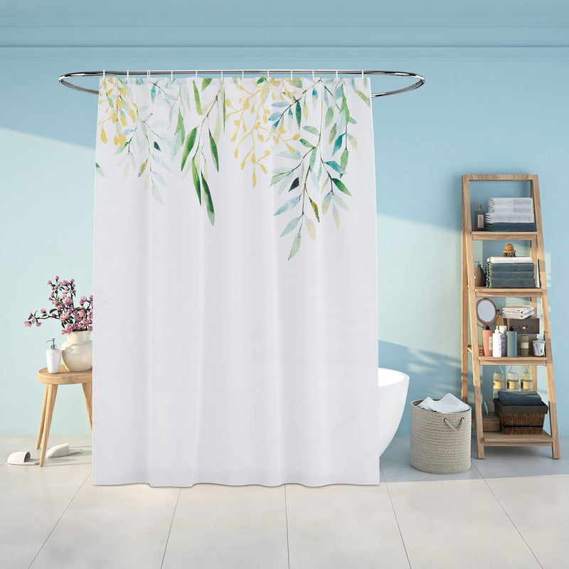 Textil DUSCHVORHANG Polyesterstoff mit Blätter Motiv in Grün, Gelb und Weiss + 12 Ringe 180×200cm