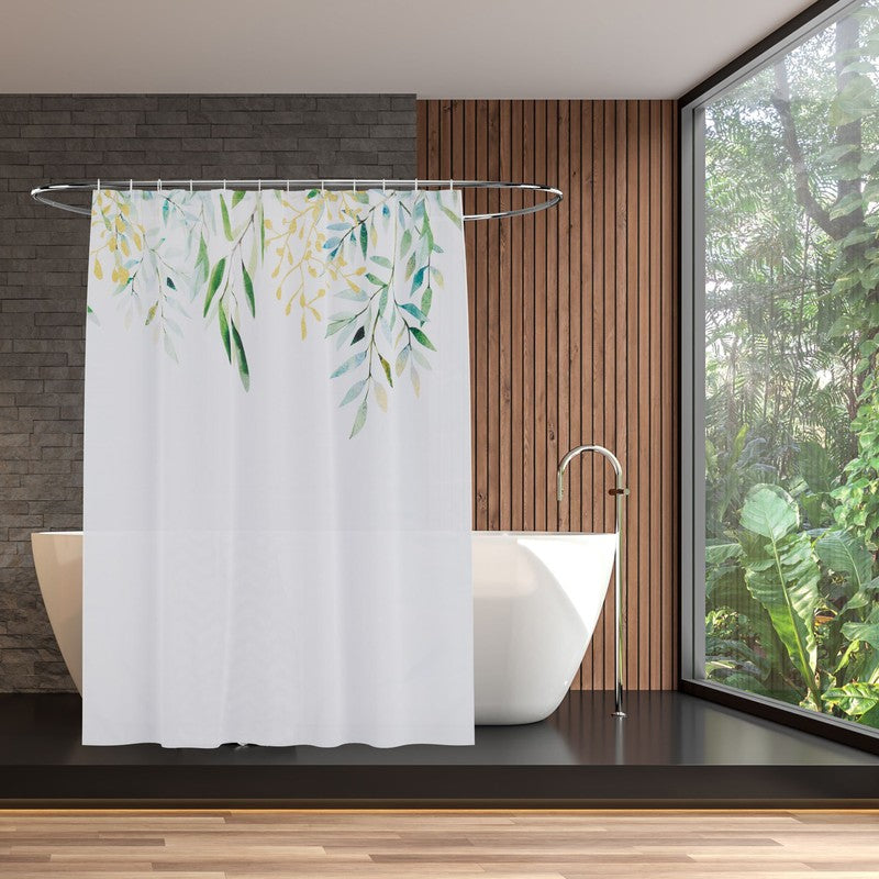 Textil DUSCHVORHANG Polyesterstoff mit Blätter Motiv in Grün, Gelb und Weiss + 12 Ringe 180×200cm
