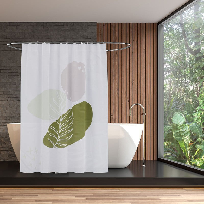 Textil DUSCHVORHANG Polyesterstoff mit Blätter in Naturtönen + 12 Ringe 180×200cm