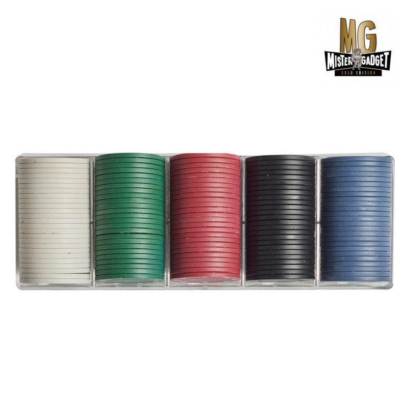 Mister Gadget POKER-SET mit 100 Pokerchips in 5 Farben