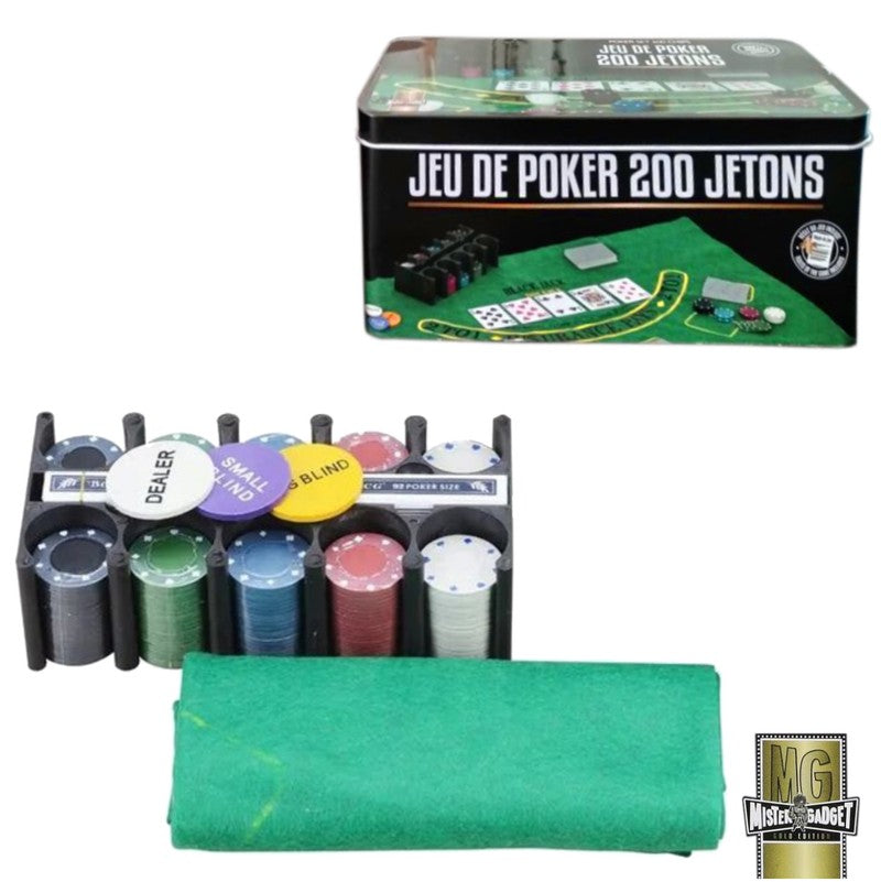 Texas Hold’em POKER-SET Pokerkoffer mit 200 Chips, zwei Kartendecks, Filzmatte und Aluminiumbox