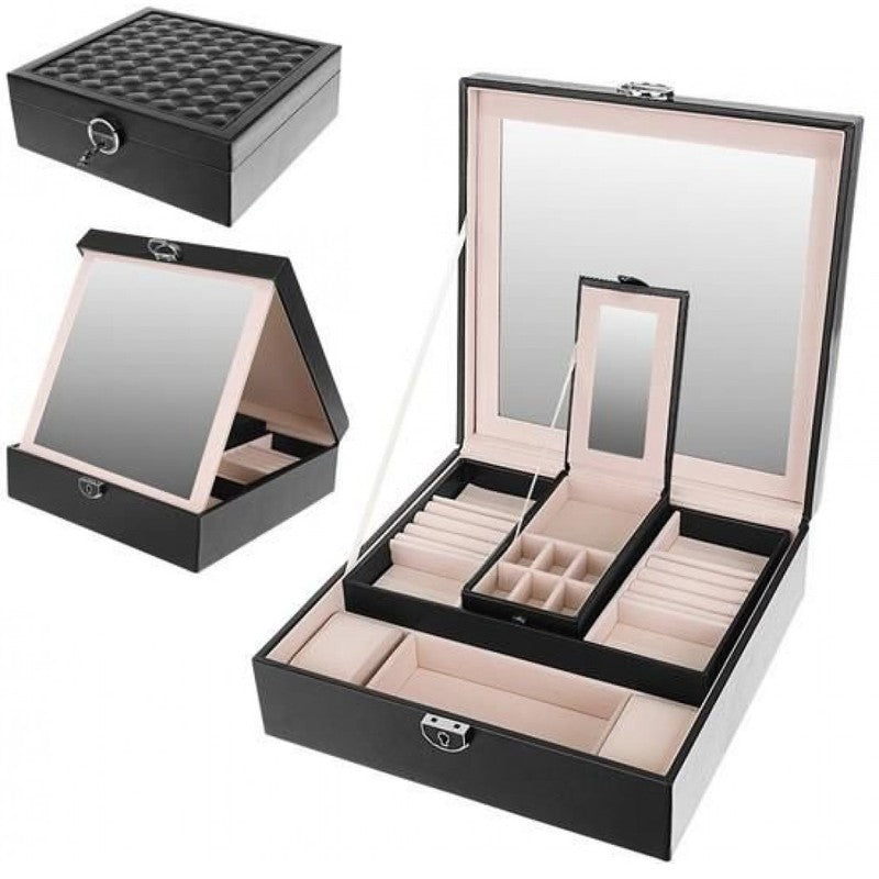 Schmuckkasten SCHMUCK-KOFFER Schmuckschatulle mit grossem Spiegel SCHWARZ