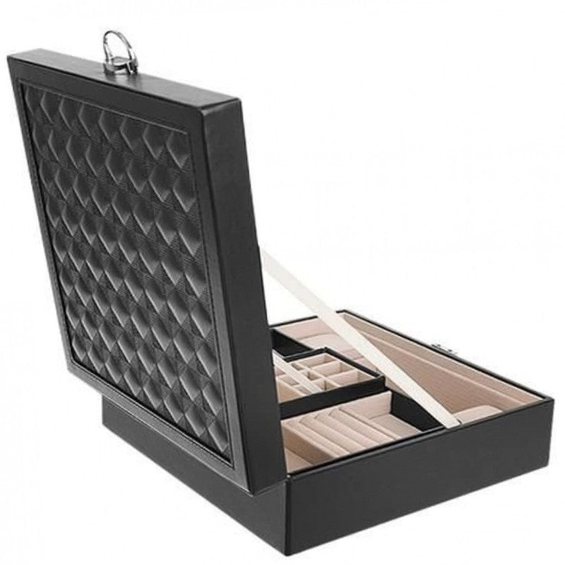 Schmuckkasten SCHMUCK-KOFFER Schmuckschatulle mit grossem Spiegel SCHWARZ