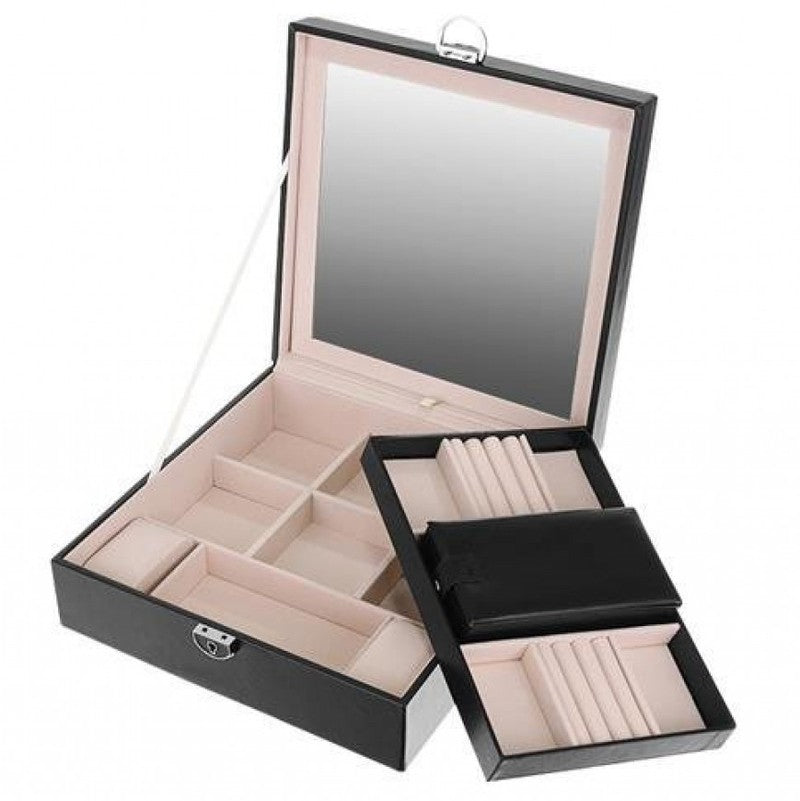 Schmuckkasten SCHMUCK-KOFFER Schmuckschatulle mit grossem Spiegel SCHWARZ