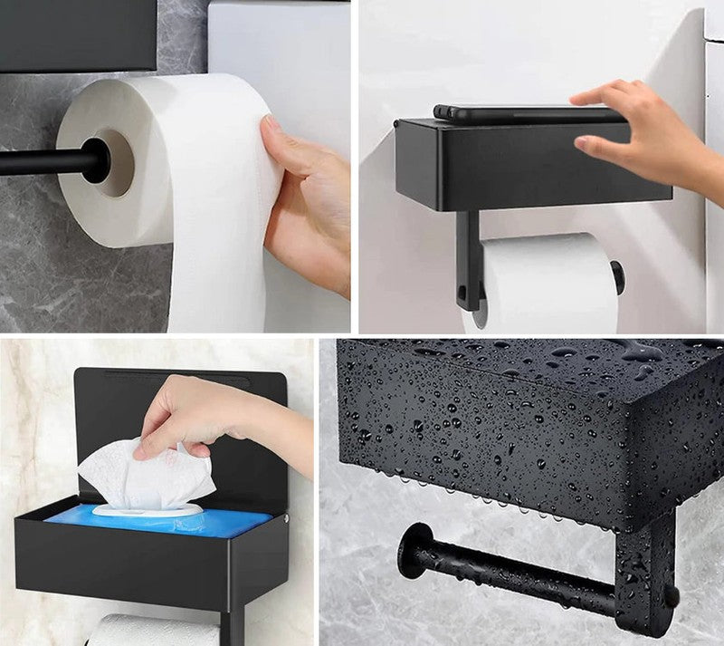 Toilettenpapierhalter WC-PAPIER-HALTER mit Ablage und Feuchttücher-Fach aus Metall SCHWARZ