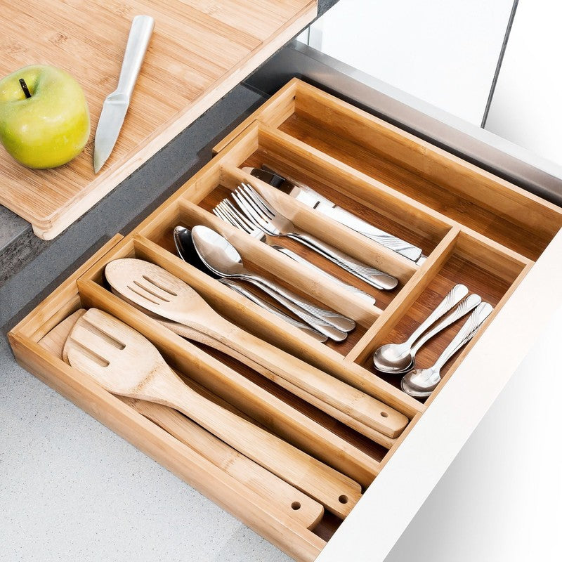 Ausziehbarer BESTECKKASTEN Schubladeneinsatz aus Bambus Holz 34×29-43cm