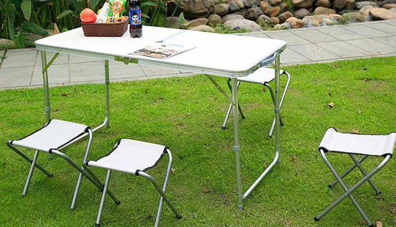 Campingtisch Mehrzwecktisch KLAPPTISCH mit 4 HOCKER Universaltisch faltbar höhenverstellbar 120×60cm