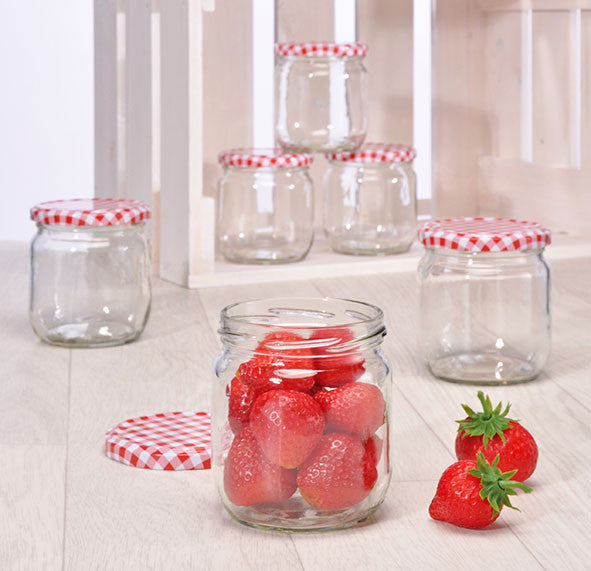 6er-Set 440ml EINMACHGLÄSER Einmachglas Konfitürenglas Sturzglas GLAS mit kariertem Deckel