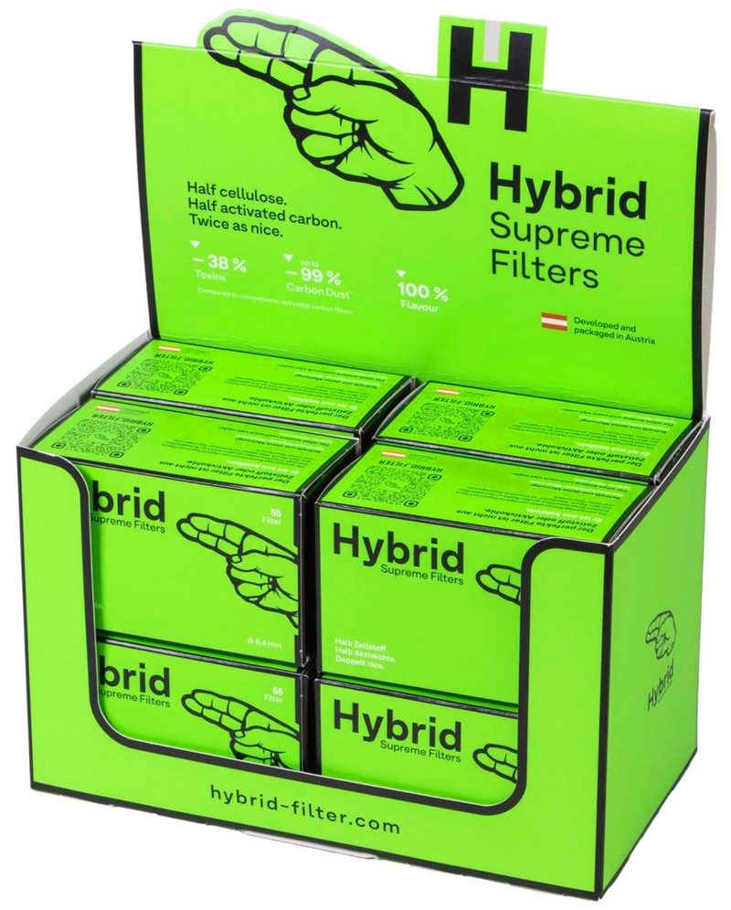 DISPLAY 8 × Hybrid Supreme AKTIVKOHLEFILTER 6.4 mm Extra Slim (55 Stück) – Zellstoff & Kokoskohlefilter