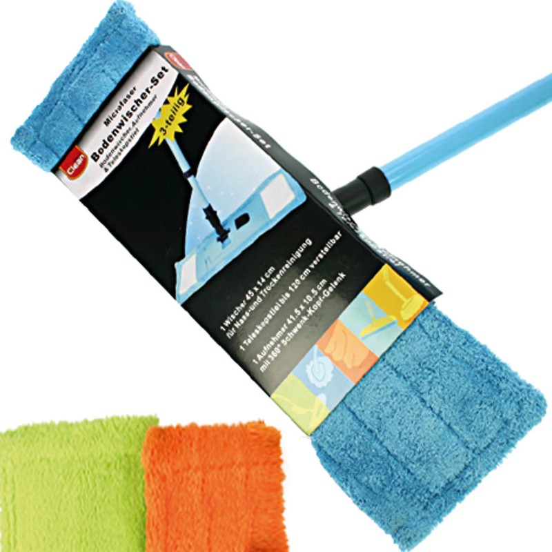 ELINA CLEAN Microfaser Wischerset Bodenwischer mit Teleskopstiel Set 3-teilig