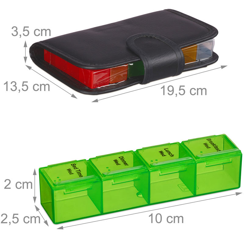 Tablettenbox PILLENBOX MIT ETUI Pillendose Wochenbox 7 Tage 4 Fächer – Medikamentenorganizer für eine Woche ENGLISH