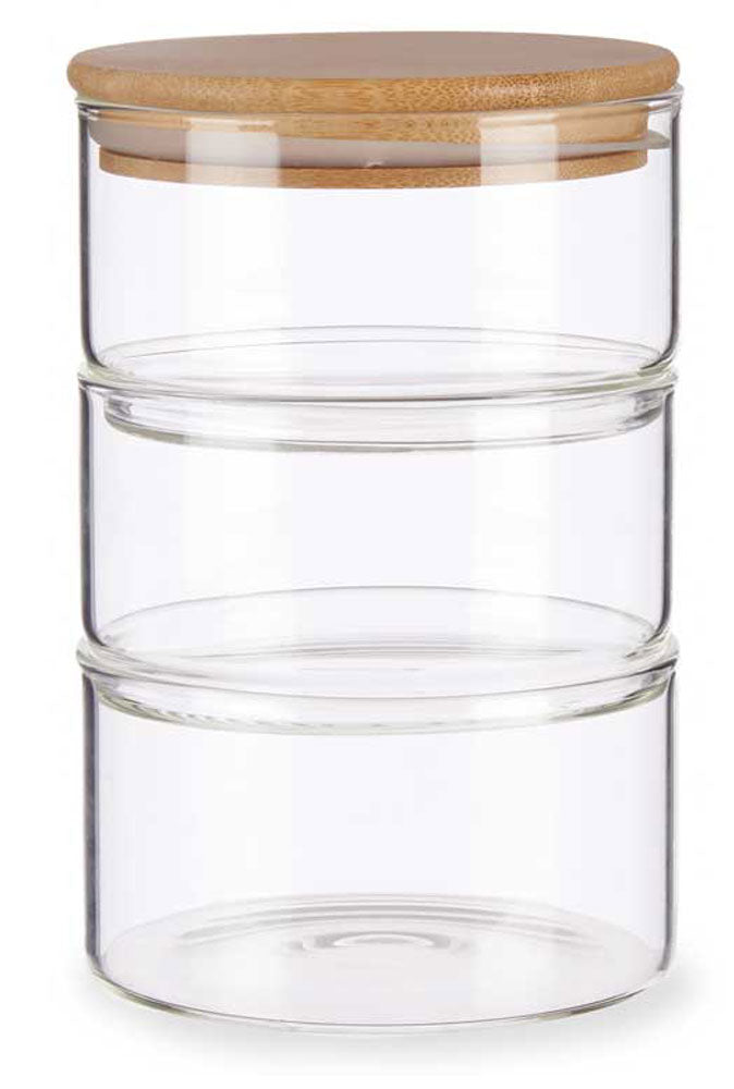 Stapelbares 3er-Set VORRATSGLAS mit BAMBUSDECKEL Vorratsbehälter Aufbewahrungsglas Glas Borosilikatglas 3x400ml 1200ml