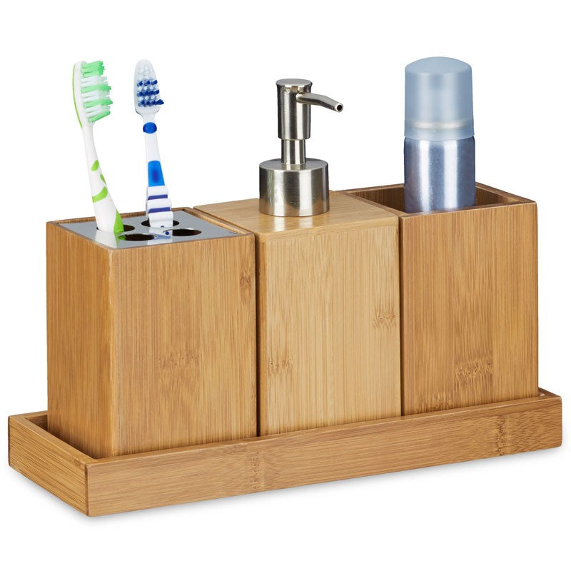 Bambus Waschtisch- BAD-SET Bad Accessoires Set mit Seifenspender 4tlg.