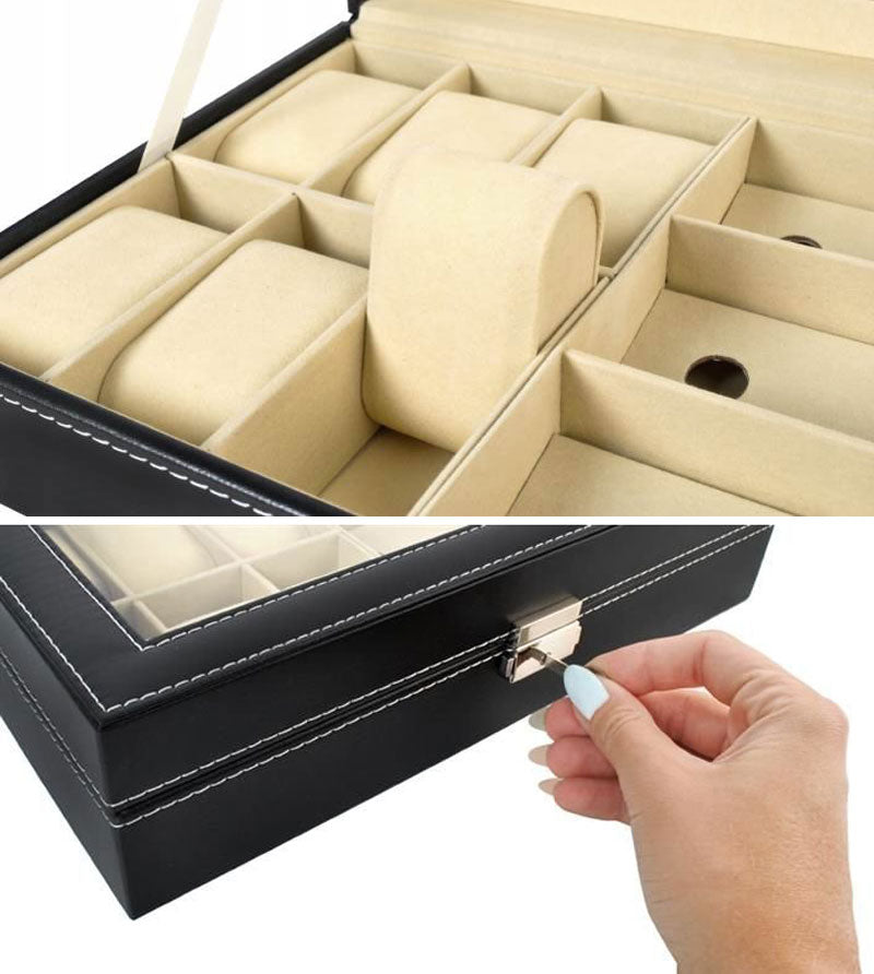 Edle BRILLEN UND UHRENBOX Brillenbox Uhrenkoffer Schaukasten für 6 Uhren + 3 Brillen