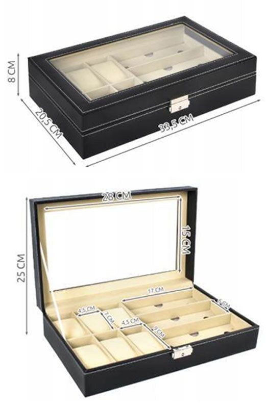 Edle BRILLEN UND UHRENBOX Brillenbox Uhrenkoffer Schaukasten für 6 Uhren + 3 Brillen