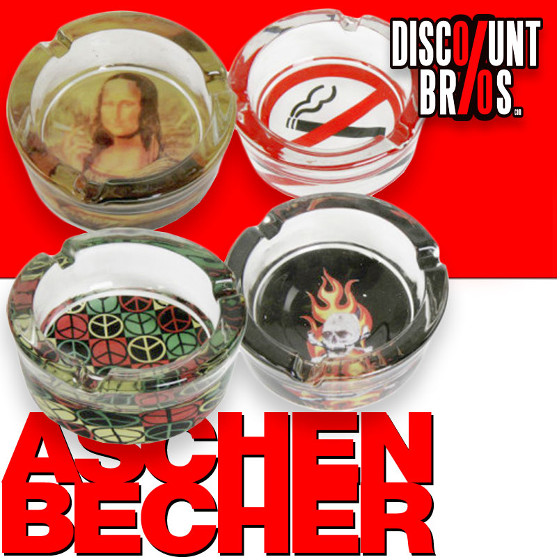 Glas ASCHENBECHER transparent mit Bild: PEACE - MONALISA - NO SMOKING - FIRE SKULL 8,3×3,5cm
