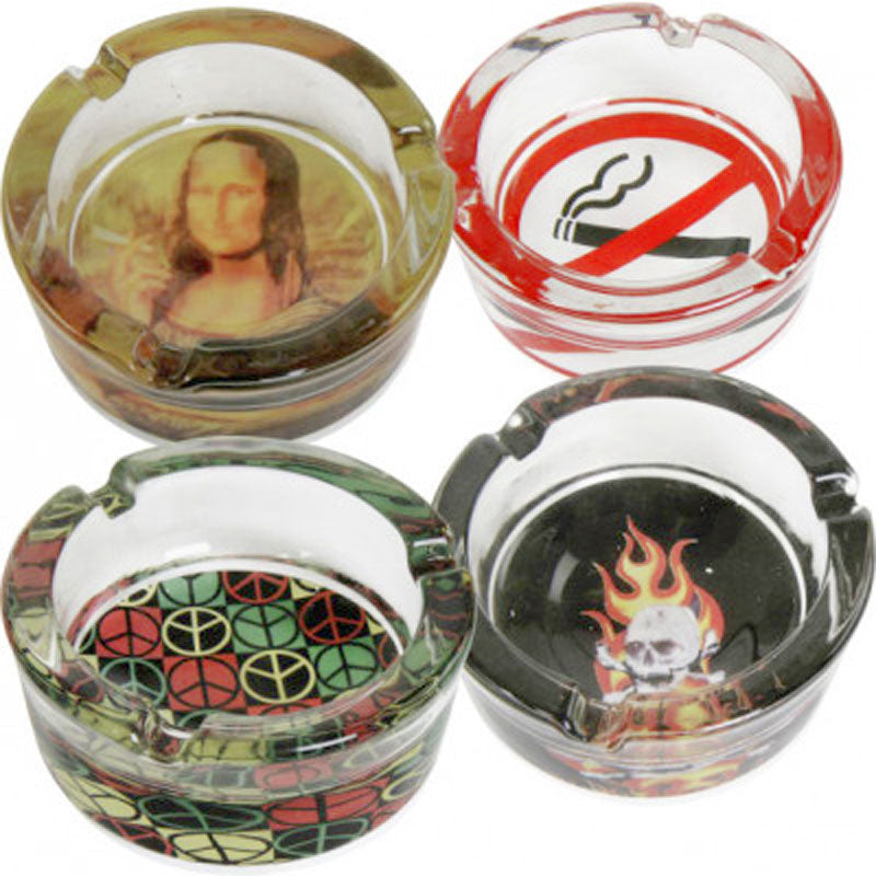 Glas ASCHENBECHER transparent mit Bild: PEACE - MONALISA - NO SMOKING - FIRE SKULL 8,3×3,5cm