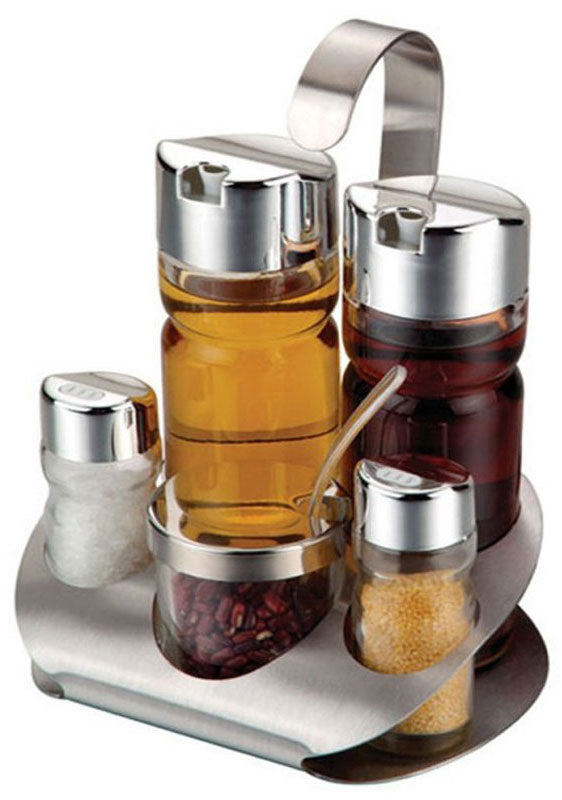 Klassische MENAGE aus Glas und Edelstahl für Salz, Pfeffer, Chili, Öl und Essig