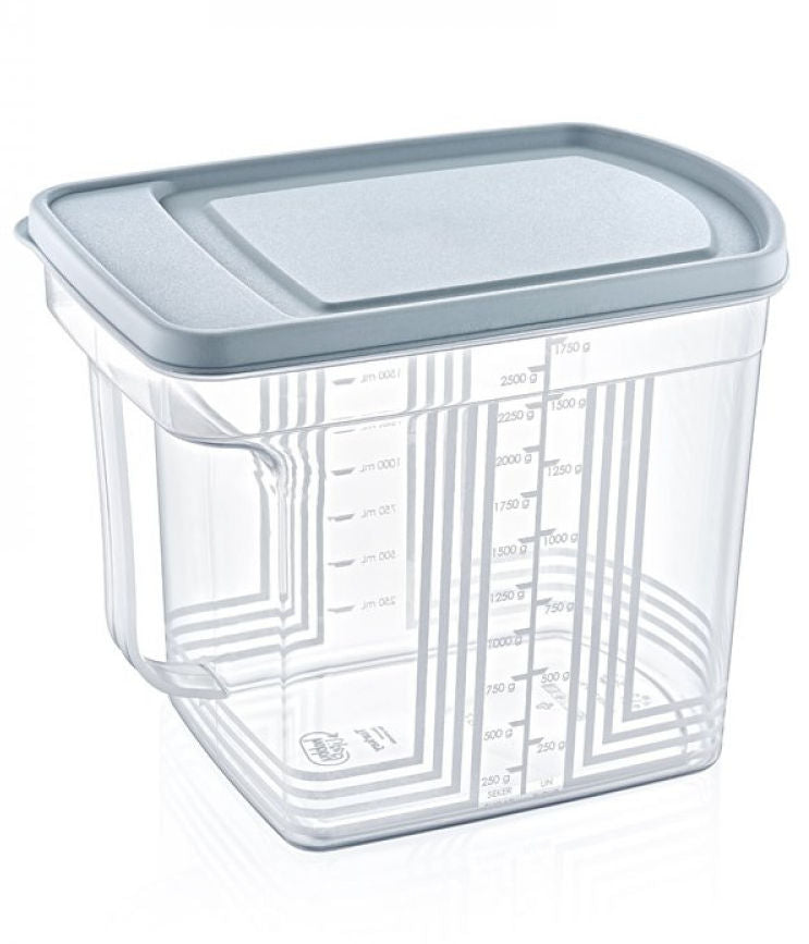 2,5 Liter XL SCHÜTTDOSE Vorratsbehälter Aufbewahrungsbox VORRATSDOSE Messbecher mit Skalen in ML und Gramm für Zucker und Mehl
